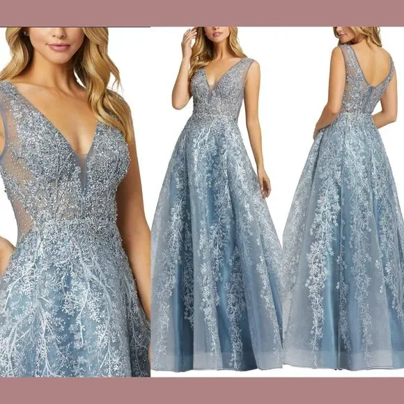NWT$798 Mac Duggal [ 6 ] Illusion Embellished V Neck A Line Gown Fusion Blue J56